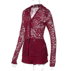 Lunivop Autumn Women See Through Lace 2 Piece Set Turn Down Collar Long Sleeve Single Breasted Shirt Cardigan Top + Shorts Suit