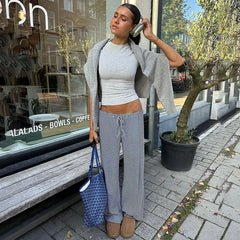 Lunivop Striped Print Drawstring Low-rise Y2k Baggy Pants Comfy Slacks Wide Leg Trousers Women Casual Clothes