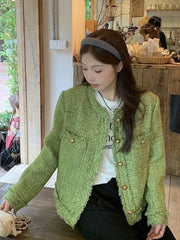 Lunivop Sweet Green Tweed Jackets Women Vintage Long Sleeve Casual Coat Korean O Neck Fall Winter Retro All Match Elegant Outwear Tops