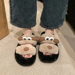 Lunivop Women Fur Warm Winter Furry Fur Shoes Fluffy Plush Slippers Fashion Cute Dog Home Shoes Bedroom Slippers Ladies Non-slip Slides
