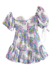 Lunivop Sexy Short Lantern sleeve One Shoulder Party Dresses Retro Women Spliced Bow Bandage Floral Print Mini Dress