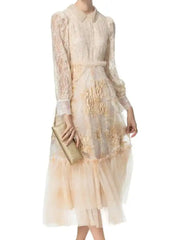 Lunivop Color Block Spliced Ruffles Sweet Dresses Women Lapel Long Sleeve Embroidery Midi Dresses Female 2025 Spring New