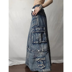 Lunivop Autumn Women Blue Denim Pocket Half Body Skirt High Waist Casual Korean Mid Length Baggy Vintage Straight Denim Long Skirt