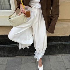 Lunivop Linad Vintage Loose Lace Pencil Pants For Women White Elegant Elastic Waist Trousers Street Chic Ankle Length Pants Summer