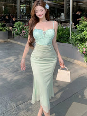 Lunivop New Green Mesh Patchwork Diamonds Sling Long Dress Summer Elegant Casual Home Dress Women Korean Fashion Bodycon Prom Dress