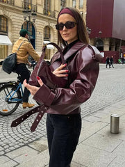 Lunivop Turn-down Collar Leather Moto-biker Jackets Women Casual Chic Long Sleeved Jacket Female Fashionable Cool Loose Fit Outwear Tops