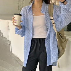 Lunivop Korean Women's Shirt Sunscreen Long Sleeves Shirt Summer Women's Loose Casual Single Breasted Turndown Collar Plaid