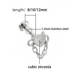 Lunivop 1pc Zircon Love Heart Chain Lip Stud Ins Fashion Silver Color Stainless Steel Lip Labret Piercing Cartilage Earring Body Jewelry