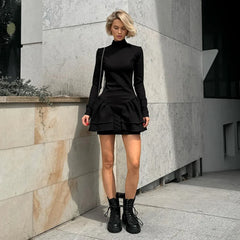 Lunivop Black Ruffle Mini Dress for Women Elegant Solid Slim Evening Party Dresses Fashion Long Sleeve Turtleneck Short Dress