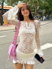 Lunivop Sexy See Through Lace Women Dress White Off Shoulder Flare Sleeve Dress Female Spring Slim Elegant Party Streetwear