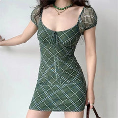 Lunivop Retro French Green Plaid Puff Sleeve Mesh Mini Dress Sexy Women Bow Lacing up Square Collar Package Hips Bodycon Party Robe