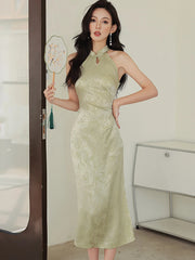 Lunivop Women Pink Acetate Satin Elegant Jacquard Long Dress Summer Sleeveless Chic Neck-mounted Dress Korean Luxury Evening Dress