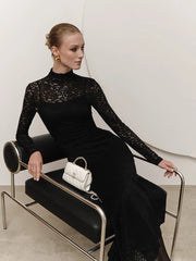 Lunivop Elegant Turtleneck Lace Two Piece Sets Women Long Dress See Through Long Sleeve Dress Female Winter Skinny Party Outfit