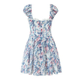 Lunivop Summer Floral Print Spliced Lace Chest Bow Collar Short Puff Sleeve Dress Low Waist Ruched Hem Swing Mini Dresses Cake Robe