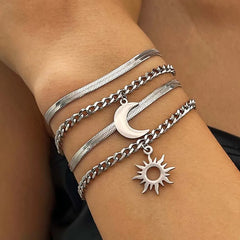 Lunivop Fashion Sun Moon Double Layer Bracelet For Women Stainless Steel Metal Snake Chain Bracelet Personality Jewelry