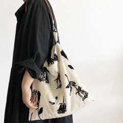Lunivop Retro Double Layer Cloth Tote Bag Women Black Rose Large Capacity Shoulder Bag Ladies Elegant Daily Casual Underarm Bags