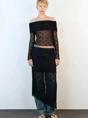 Lunivop Sexy Off Shoulder See Through Lace Women Skirt Suit Long Sleeve T-shirt Print Skirt Autumn Skinny Elegant Two Piece Sets
