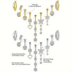 Lunivop 1pcs Belly Button Ring Dangle Stainless Steel Belly Rings 14GBelly Piercing Cute Cubic Zirconias Navel Ring Piercing Jewelry