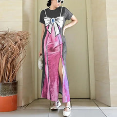 Lunivop Women's new summer American fashion pink skirt printed round neck pearl hanging chain split fork long dress