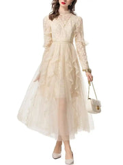 Lunivop Solid Lace Splice Dot Women's Dresses Stand Neck Long Sleeve High Waist Elegant Dress Female Autumn 2025 New