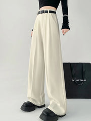 Lunivop Chic Belt Suit Wide Leg Pant Women Loose Elegant High Waist Casual Trousers Fashion Pockets Korean Sweet Straight Pants New