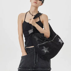 Lunivop Star Black Large Capacity Tote Bag Women Hot Girls Beading Y2k Shoulder Messenger Bag Female Harajuku Aesthetic Handbag