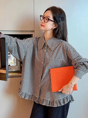 Lunivop Vintage Black Plaid Shirt Women Loose Sweet Preppy Style Long Sleeve Blouse Fall Casual Retro Cute All Match Female Tops New