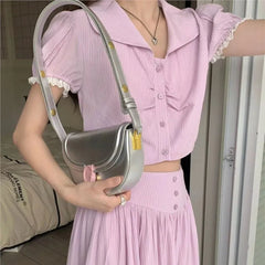 Lunivop Hot Girl Retro Silver Saddle Bag Women Contrast Pink Buckle Large Capacity Shoulder Bag Ladies Fashion Y2k Chic Underarm Bag New