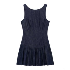 Lunivop Sexy O collar Denim Mini Tank Dress Women Backelss Low Waist Lined Ruched Hem Swing Sleeveless Dresses Summer Robe Vestidos
