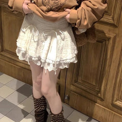 Lunivop Sweet Coquette Short Skirt Women Bow Kawaii Ruffle Mini Skirts Lace Patchwork White A-line Layered Skirt Aesthetics