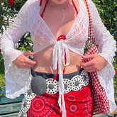 Lunivop Streetwear y2k Lace Smock T-shirt Solid White Flared Full Sleeve Bandage Cardigan Crop Top Women Vintage 2000s Tees Shirt