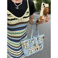 Lunivop Vintage Denim Tote Bag Handbag Women Floral Embroidery Large Capacity Casual Shoulder Bags Female Y2k Underarm Bag Chic
