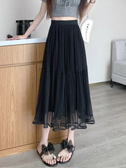Lunivop Elegant Tulle Midi Skirt Women Sweet High Waist Mesh Pleated Skirts Korean Fashion Loose Cute Solid Casual A Line Skirt New