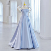 Lunivop Blue Square Collar Evening Dress Simple Long Slim Waist Party Dresses Bow Puff Sleeve Pleated Princess Prom Dresses Customized