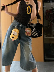Lunivop American Washed Denim Shorts for Women Summer Vintage Straight Wide Leg Jeans Pants 2025 New Loose Calf- Length Pants