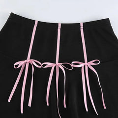 Lunivop American Fashion Y2k Casual High Waist Pleated Skirts Front Constrast Color Bow Appliques Mini Girl Jupe Harajuku Street Skirt
