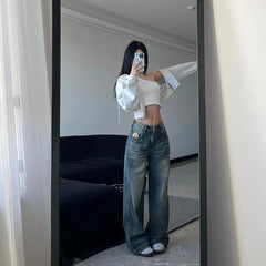 Lunivop Harajuku Y2K 90s Baggy Washed Ripped Jeans Women Streetwear Retro Fashion Autumn High Waist Pants Loose Wide Leg Denim Trousers