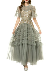 Lunivop Fashion Women Dress Short Sleeve Round Neck Lotus Leaf Edge Lace Splicing Sequins Female Party Dress New Tide