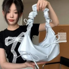 Lunivop Bow Silver Shoulder Bags Y2k Women Sweet Cute Leather Underarm Bag Handbag Female Harajuku Designer Luxury Bag Aesthetic