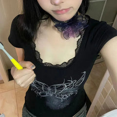 Lunivop New Fangyuan Collar Print Lace Splicing Retro Millennium Y2K Spice Girls Short Sleeve Shirt Slim Summer Half Sleeve Top