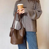 Lunivop Retro Brown PU Leather Bucket Bags Women Autumn Winter New Large Capacity Underarm Bag Ladies Fashion Versatile Commuter Handbag