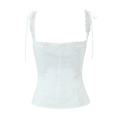 Lunivop White Spliced Lace Slash Collar Ribbon Bow Strap Summer Corset Women Summer Tank Tops Pleated Slim Through Buttons Crop Top