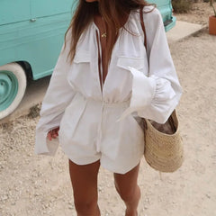Lunivop Summer Long Sleeve Lace Up Casual Women Playsuit Fashion High Street Pocket White Cotton Linen Loose Shorts Romper