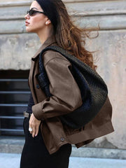 Lunivop Double-Breasted Lapel Leather Jackets Women Vintage Loose Long Sleeved Jacket With Pockets Female Autumn Casual Streetwear Tops