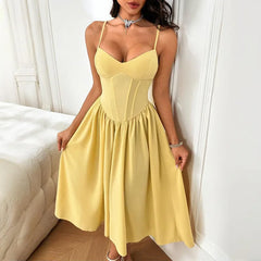 Lunivop Summer Fashion New Women's Elegant Strap Waist Sexy Slimming Solid Color V-neck A-line Large Swing Long Dress