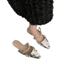 Lunivop Women's Slippers New Mules Crystal Pearl Dress Flip Flop Shoes Female Designer Pointed Toe Mary Jane Shoes Low Heel Sandals