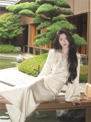 Lunivop Elegant Bodycon Satin Midi Dresses for Women Autumn Lantern Sleeve V-Neck Lace-up Mermaid Evening Party Dress Robe Vestidos New