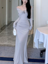 Lunivop Sexy Women's Shoulder Evening Party Dresses Elegant Long Sleeve Bodycon Lady Solid Maxi Dress French Floral Vestidos Robe