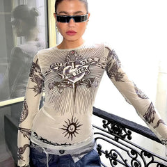 Lunivop Autumn new round neck long-sleeved pullover printed slightly transparent fashion casual women's top