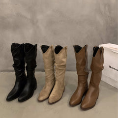 Lunivop Women Fur Suede Boots New Fashion Pleated Wedge Long Boots Ladies Round Toe Slip on Mid-calf Boots Low Heel Botas De Mujer